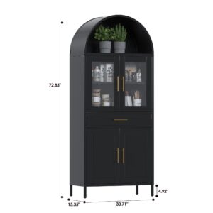 Alternative view of 73 Inch Metal Tall Arched Display Cabinet, Metal Arched Bookshelf With Doors,Shelves,Drawers, Modern Freestanding Bookcase For Home Office Bar Living Room ,Black